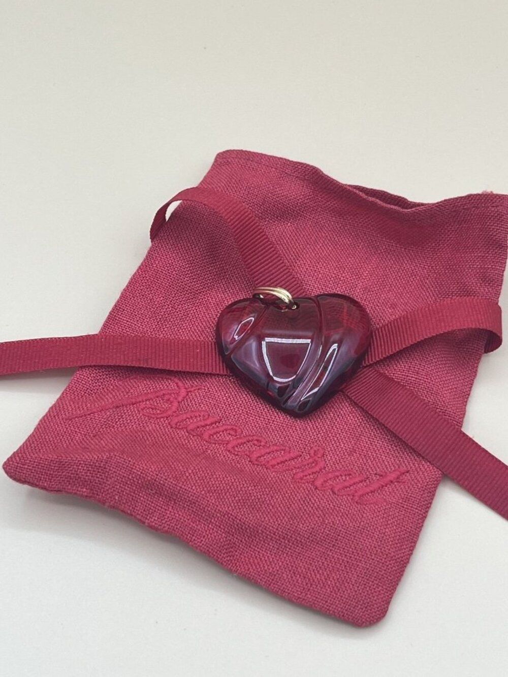 Baccarat France Crystal Faceted Heart Pendant Deep Red Burgundy Cord Suede Pouch